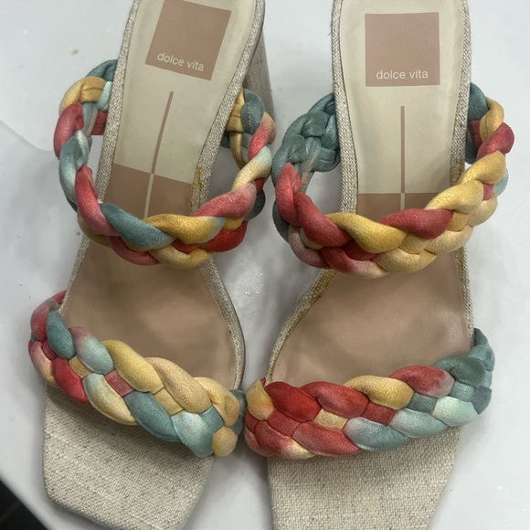 Dolce Vita Paily Coral Multi Stella Suede Slip On Squared Toe Heeled Sandals - Picture 2 of 5